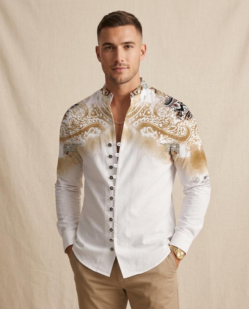 Lands Fashion - Rawor | Mandarin Collar Printed Shirt Men