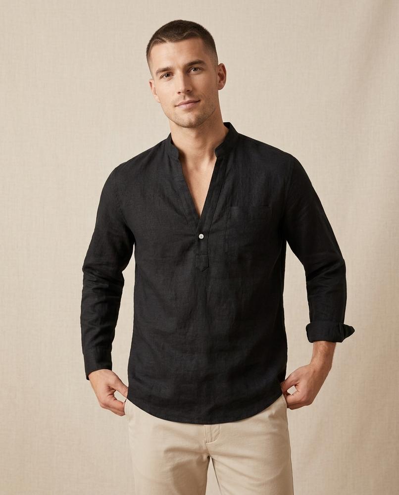 Lands Fashion - Mogar | Linen Band-Collar Shirt Men