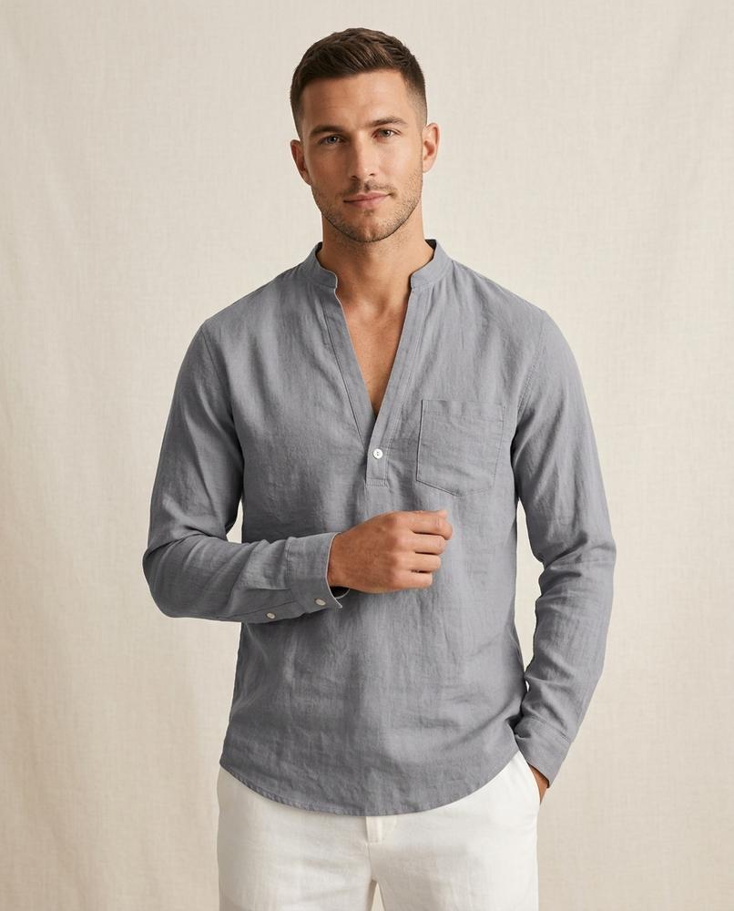 Lands Fashion - Mogar | Linen Band-Collar Shirt Men