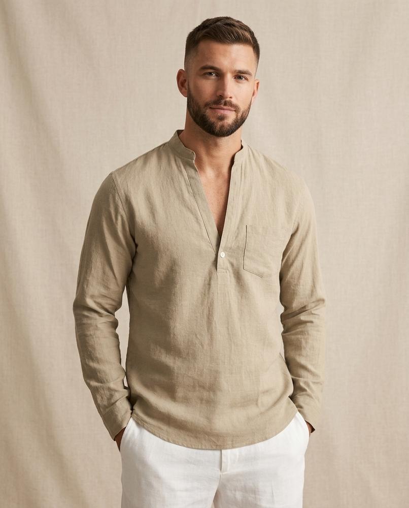 Lands Fashion - Mogar | Linen Band-Collar Shirt Men
