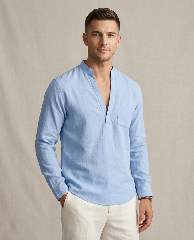 Lands Fashion - Mogar | Linen Band-Collar Shirt Men