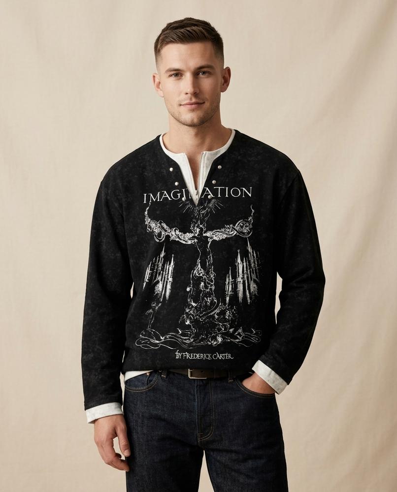 Lands Fashion - Vasov | Graphic Print Henley Neck Sweatshirt Men
