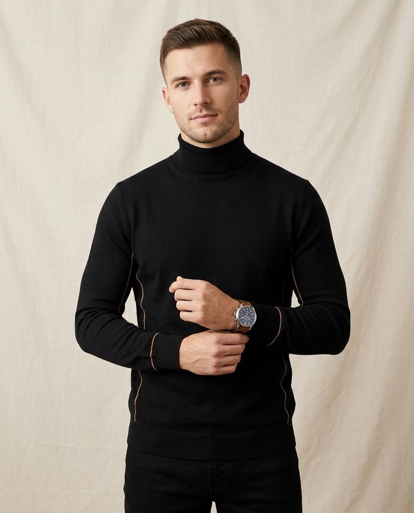 Lands Fashion - Nasal | Fine-Knit Piped Turtleneck Sweater Men