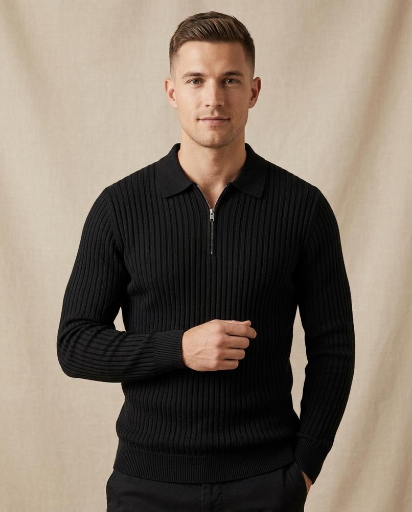 Lands Fashion - Yusad | Rib-Knit Zip-Neck Sweater Men