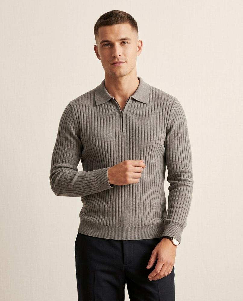 Lands Fashion - Yusad | Rib-Knit Zip-Neck Sweater Men