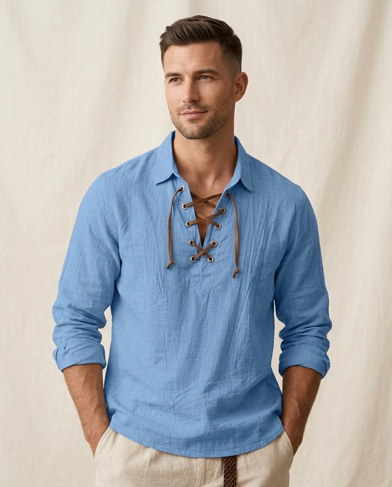 Lands Fashion - Aedon | Lace-Up Linen Blend Shirt Men