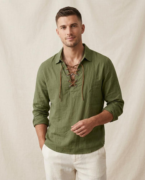 Lands Fashion - Aedon | Lace-Up Linen Blend Shirt Men