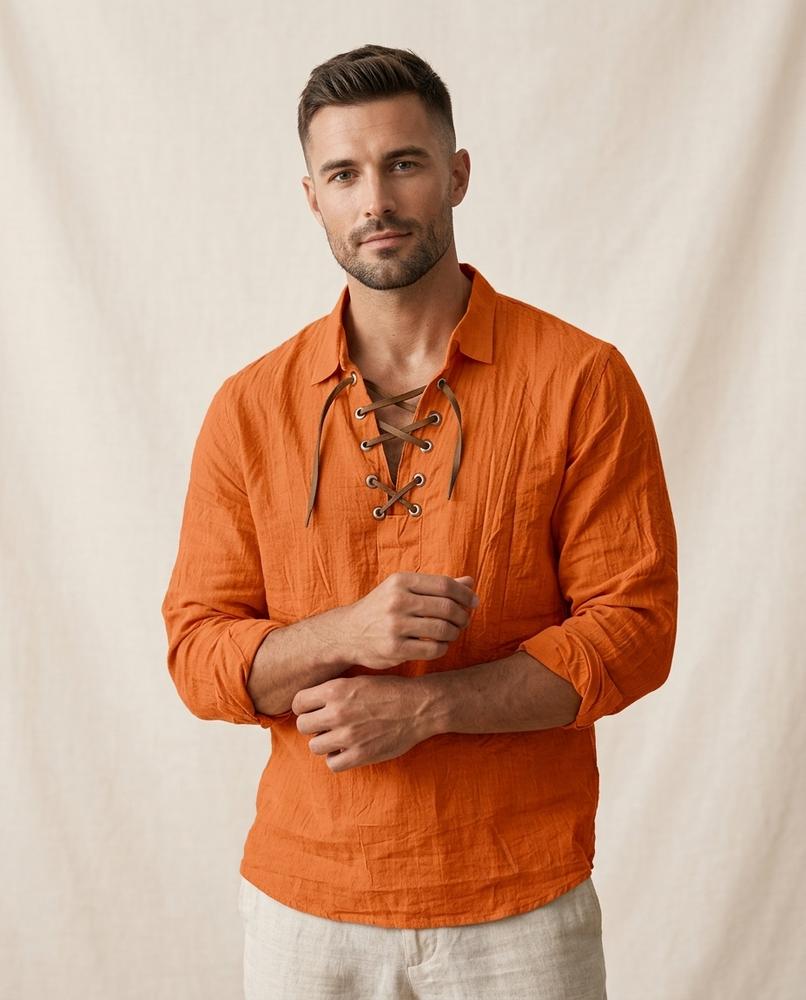 Lands Fashion - Aedon | Lace-Up Linen Blend Shirt Men