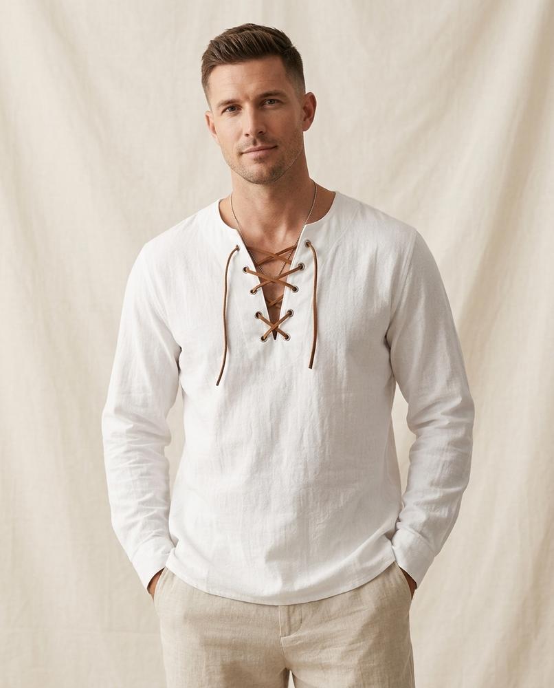 Lands Fashion - Aedon | Lace-Up Linen Blend Shirt Men