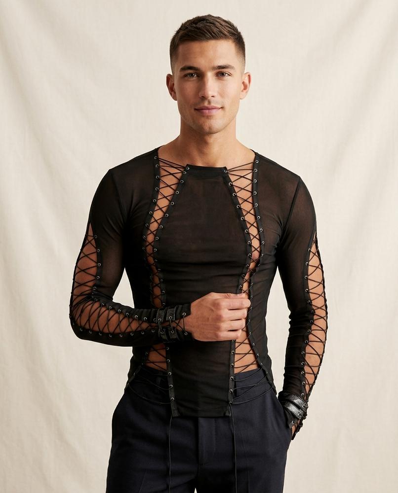 Lands Fashion - Dorun | Lace-Up Sheer Top Men