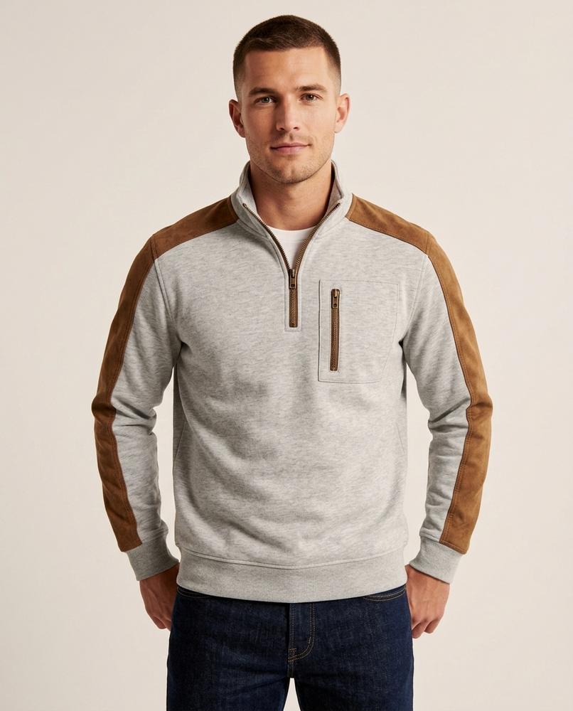 Lands Fashion - Dinod | Quarter-Zip Suede-Patched Sweatshirt Men