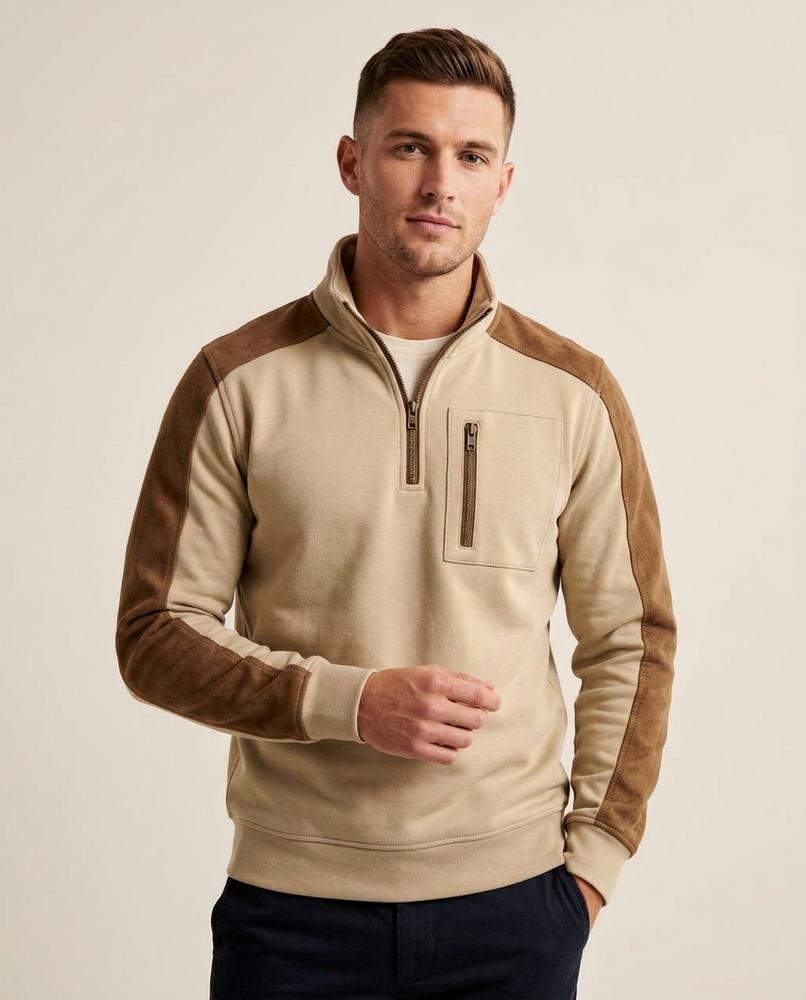 Lands Fashion - Dinod | Quarter-Zip Suede-Patched Sweatshirt Men