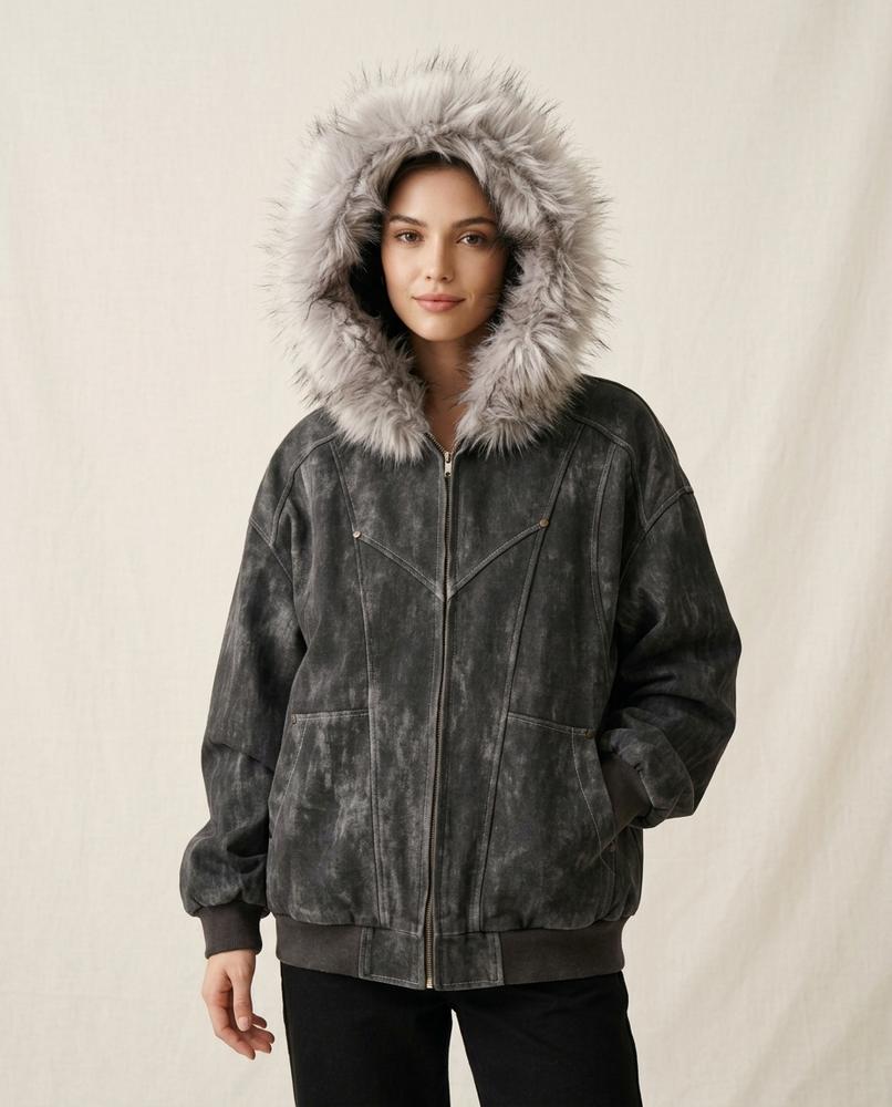 Lands Fashion - Ceped | Faux Fur Hooded Washed Jacket Unisex