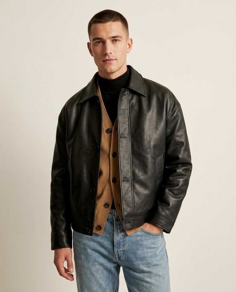 Lands Fashion - Vuguv | Single-Breasted Boxy Leather Jacket Men