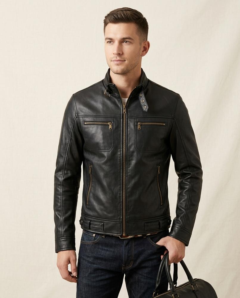 Lands Fashion - Yaged | Faux-Leather Stand-Collar Jacket Men