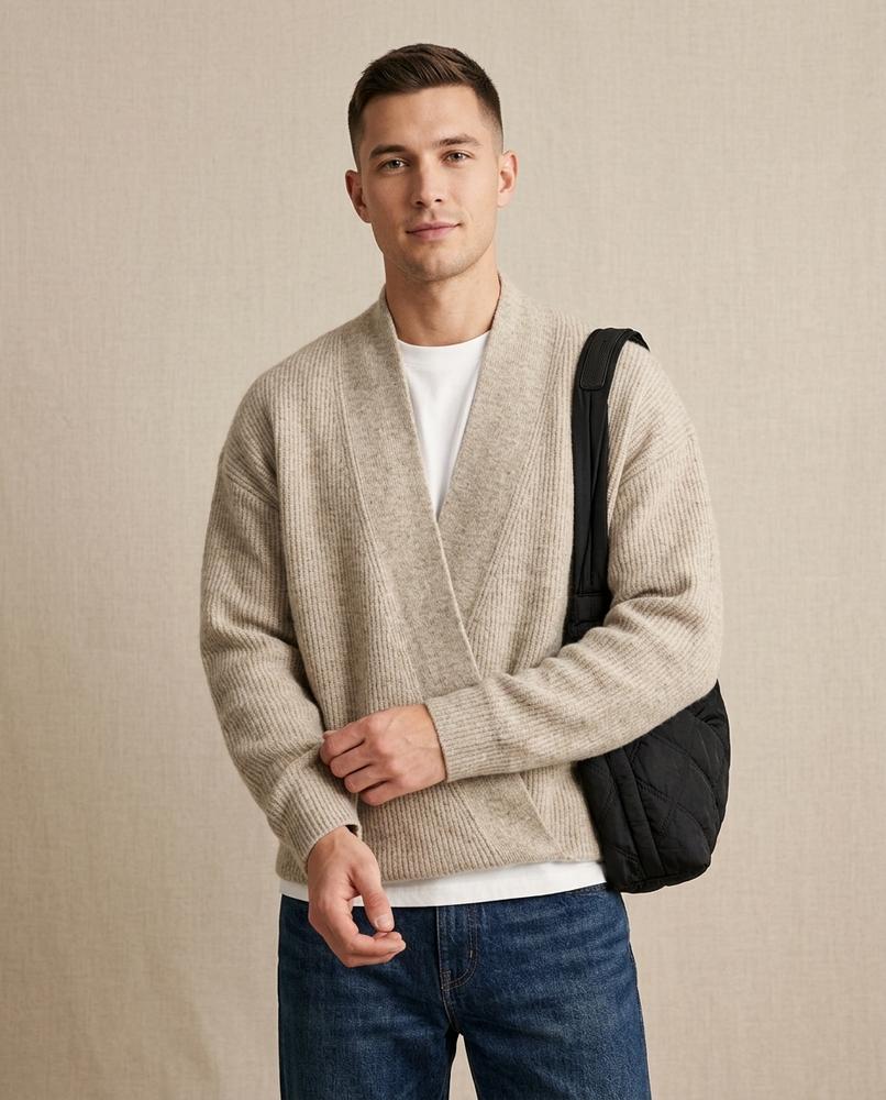 Lands Fashion - Lutot | Rib-Knit Asymmetrical Knit Cardigan Men
