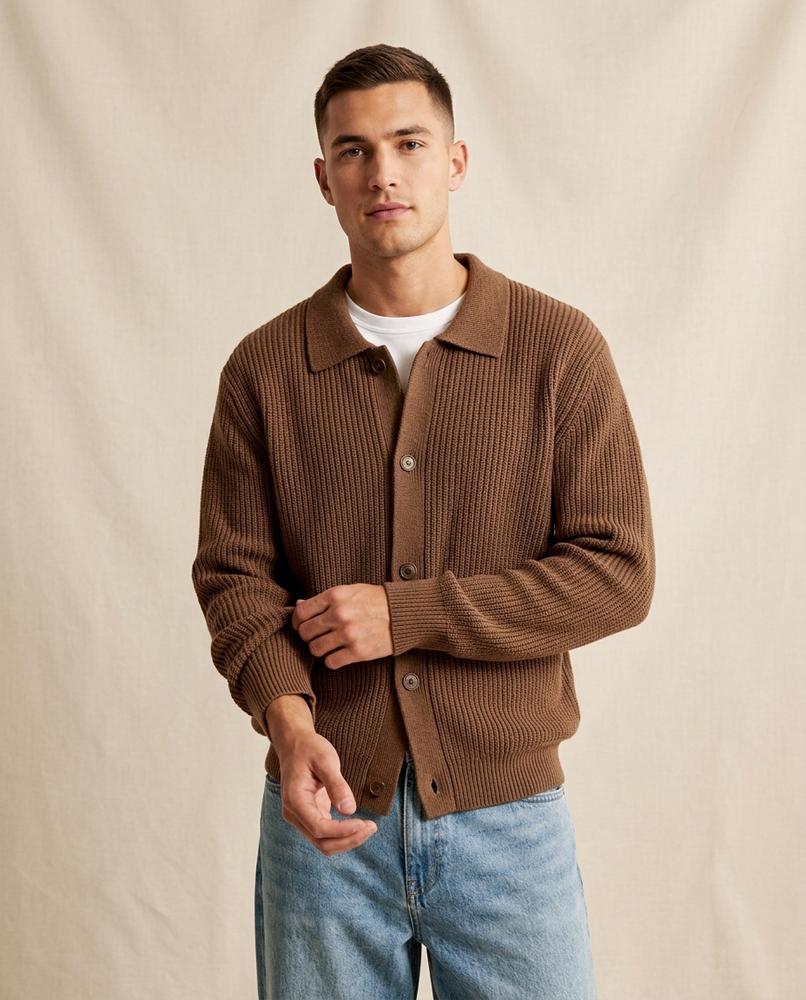 Lands Fashion - Tolen | Collared Rib-Knit Knit Cardigan Men