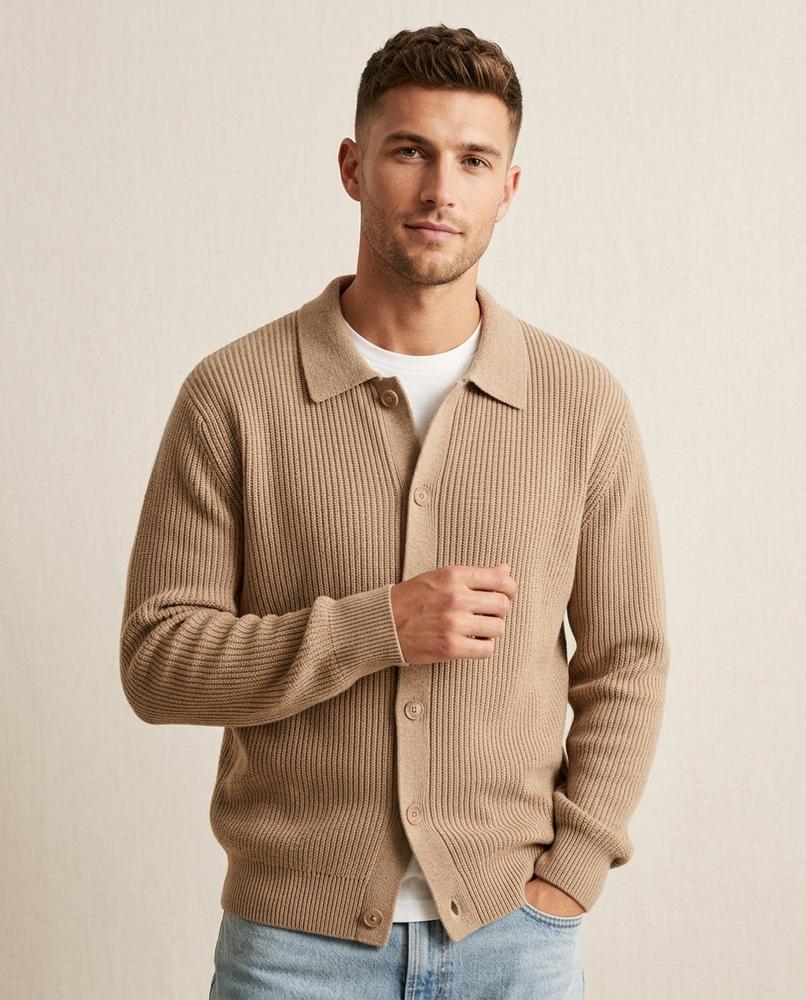 Lands Fashion - Tolen | Collared Rib-Knit Knit Cardigan Men