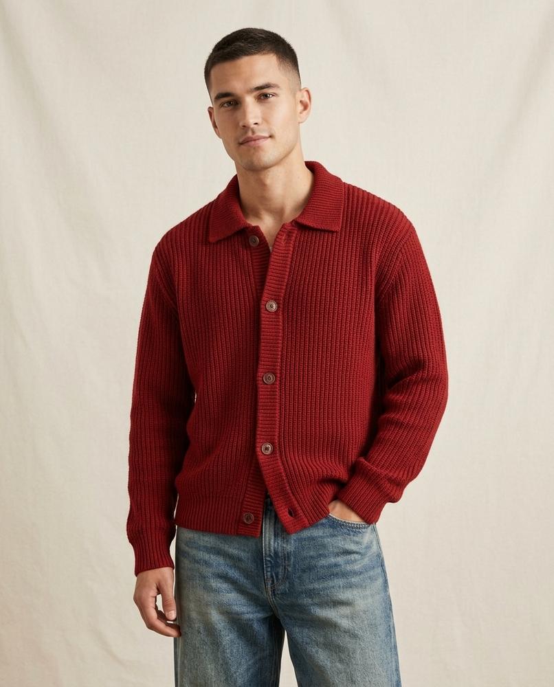 Lands Fashion - Tolen | Collared Rib-Knit Knit Cardigan Men