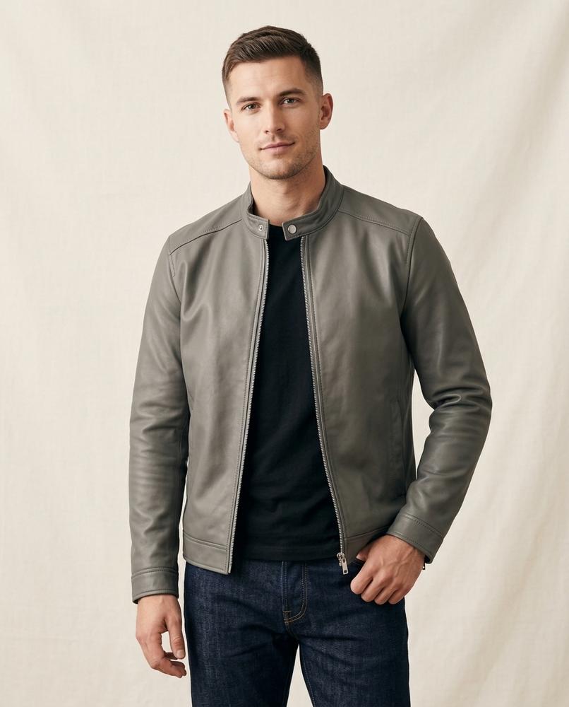 Lands Fashion - Mahet | Band Collar Slim Fit Leather Jacket Men