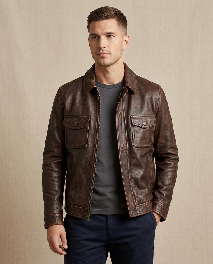 Lands Fashion - Nirak | Grained Zip-Up Leather Jacket Men