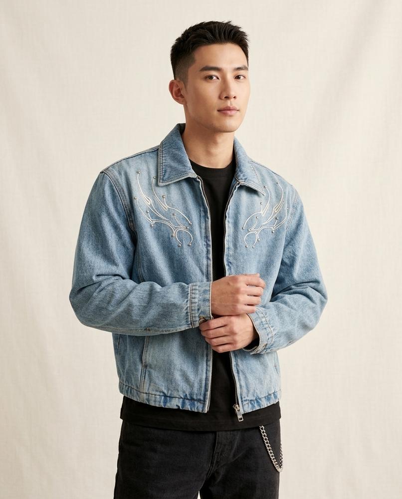 Lands Fashion - Rinad | Embroidered Zip-Up Denim Jacket Unisex