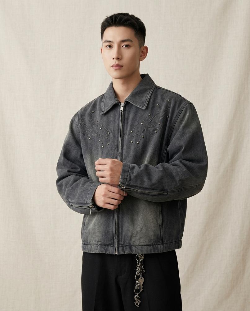 Lands Fashion - Rinad | Embroidered Zip-Up Denim Jacket Unisex