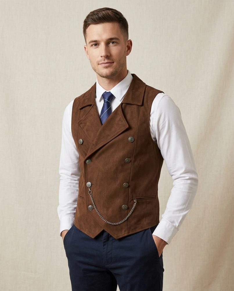 Lands Fashion - Ellev | Double-Breasted Sueded Vest Men