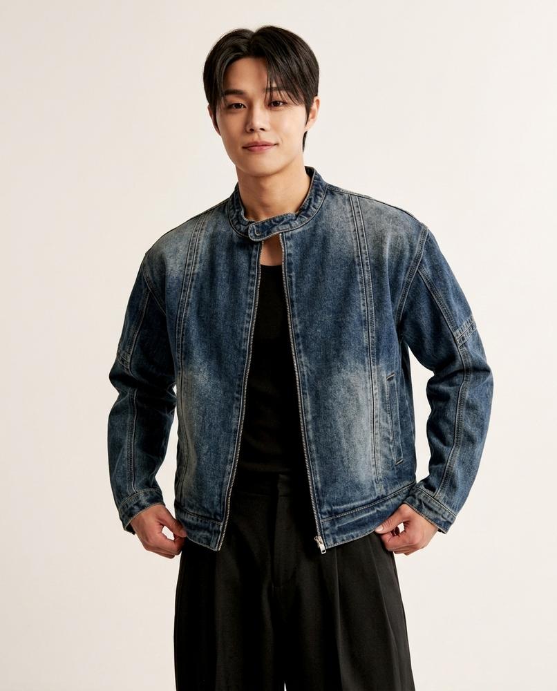 Lands Fashion - Mimar | Zip-Up Stand-Collar Denim Jacket Men