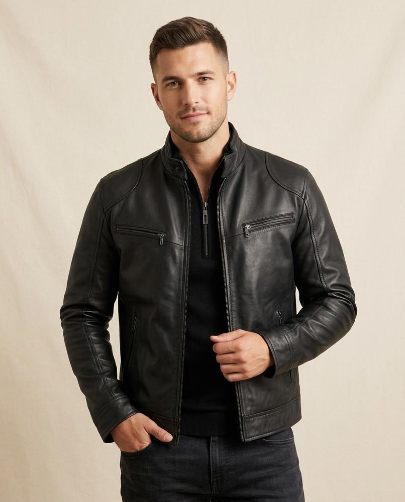 Lands Fashion - Vamir | Zippered Band Collar Leather Jacket Men