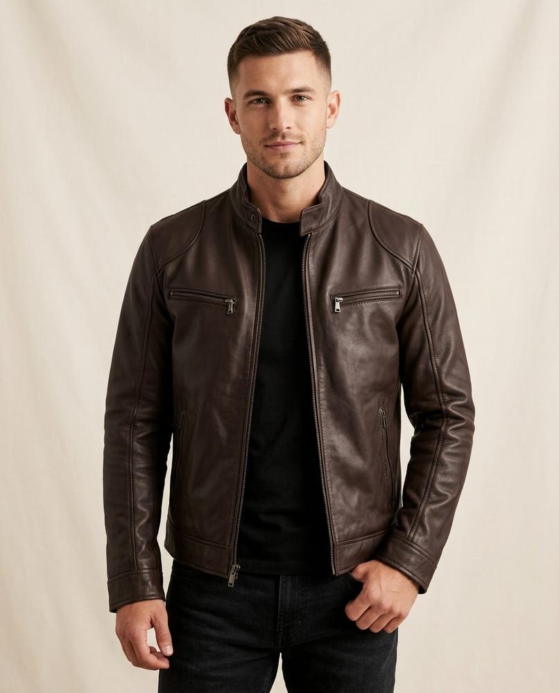 Lands Fashion - Vamir | Zippered Band Collar Leather Jacket Men