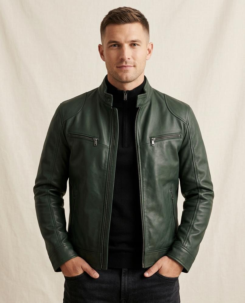 Lands Fashion - Vamir | Zippered Band Collar Leather Jacket Men
