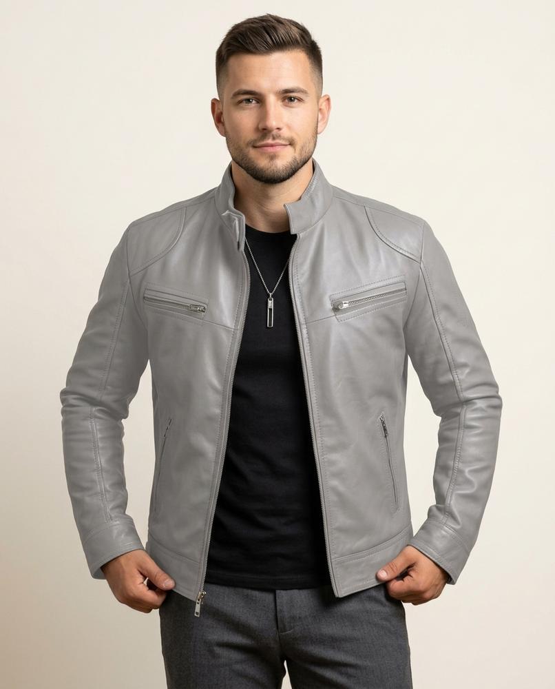 Lands Fashion - Vamir | Zippered Band Collar Leather Jacket Men
