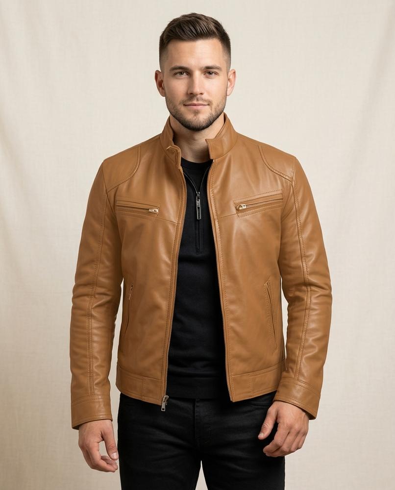 Lands Fashion - Vamir | Zippered Band Collar Leather Jacket Men