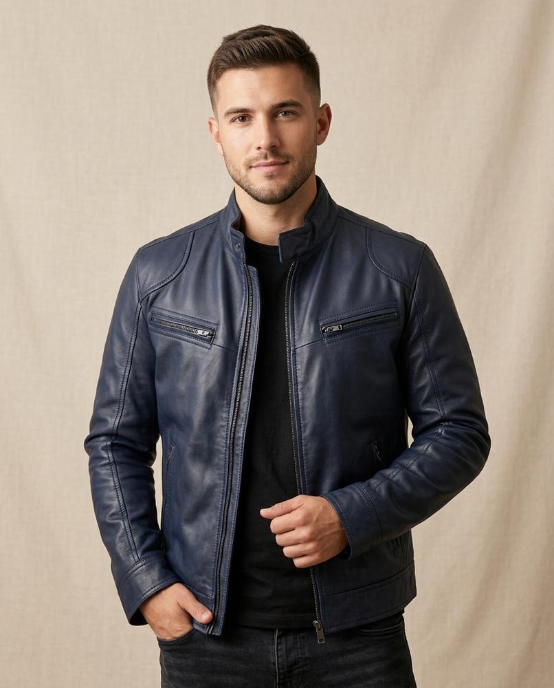 Lands Fashion - Vamir | Zippered Band Collar Leather Jacket Men