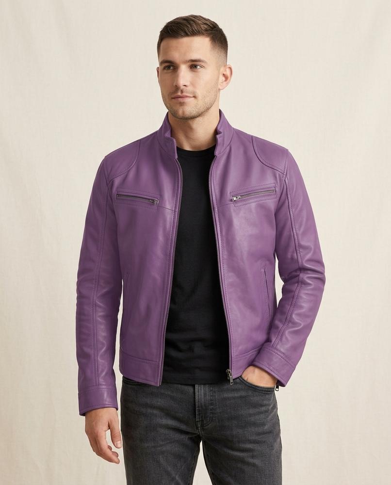 Lands Fashion - Vamir | Zippered Band Collar Leather Jacket Men