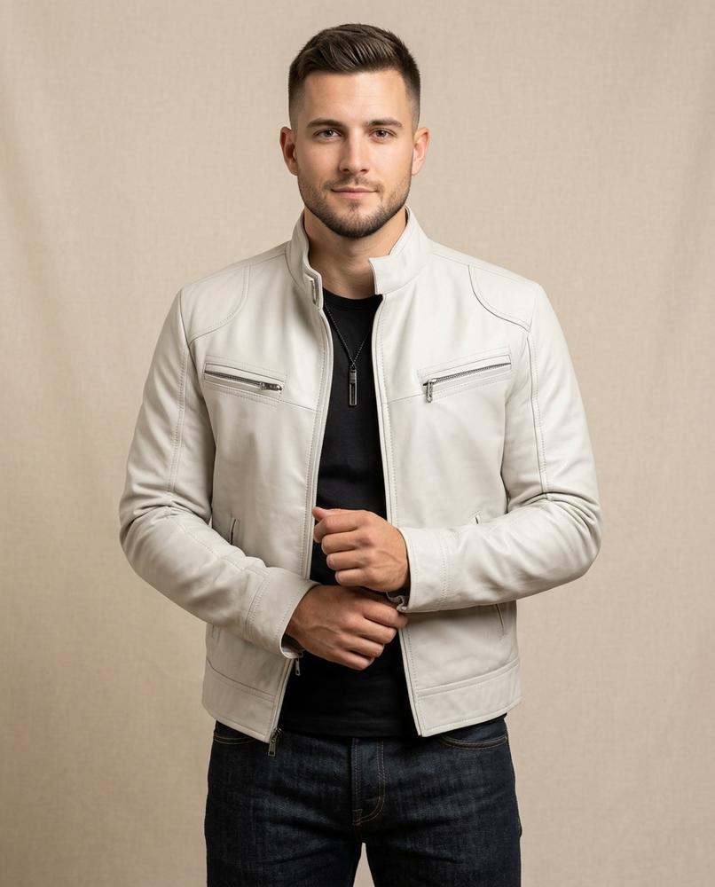 Lands Fashion - Vamir | Zippered Band Collar Leather Jacket Men
