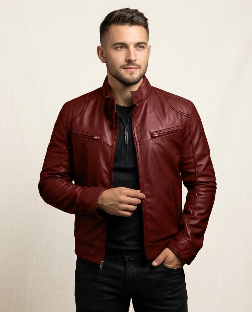 Lands Fashion - Vamir | Zippered Band Collar Leather Jacket Men