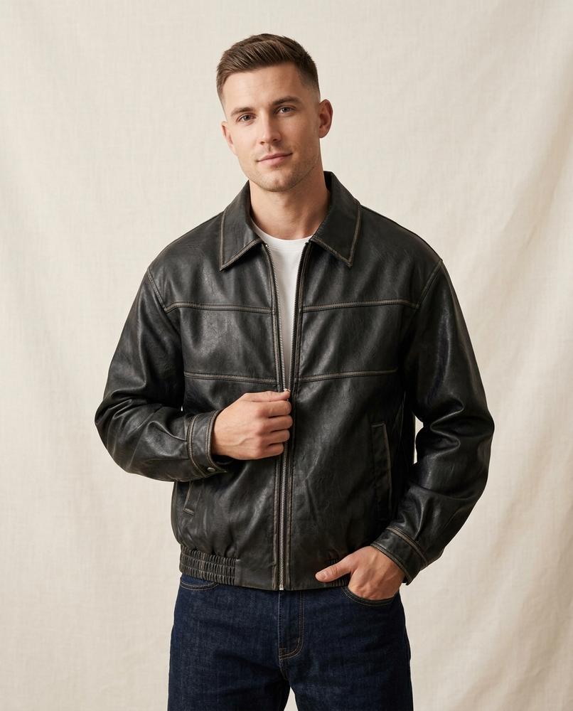 Lands Fashion - Vesol | Zippered Contrast-Stitched Leather Jacket Men