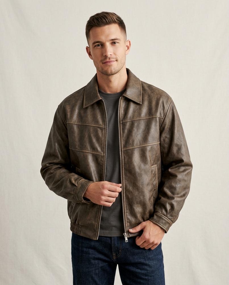 Lands Fashion - Vesol | Zippered Contrast-Stitched Leather Jacket Men