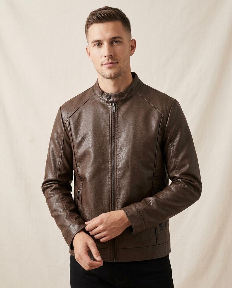 Lands Fashion - Mator | Zip-Up Stand-Collar Leather Jacket Men