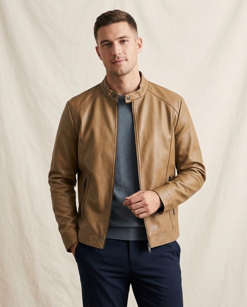 Lands Fashion - Mator | Zip-Up Stand-Collar Leather Jacket Men