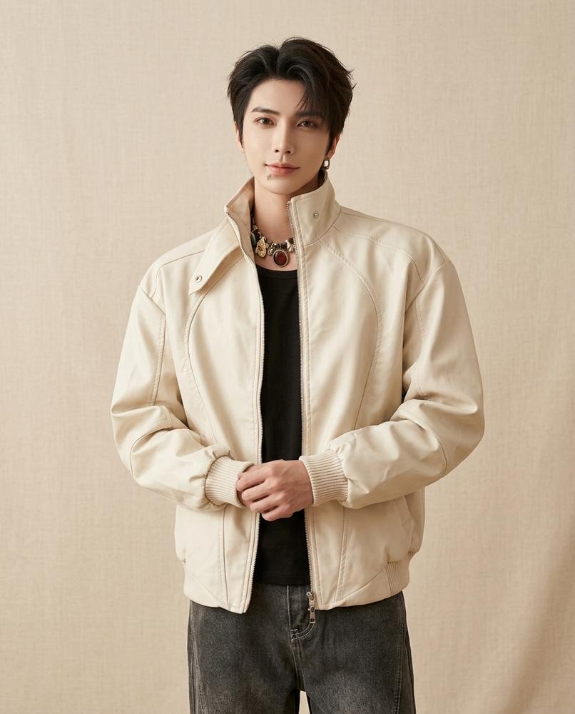 Lands Fashion - Maron | Zip-Up Stand-Collar Leather Jacket Men