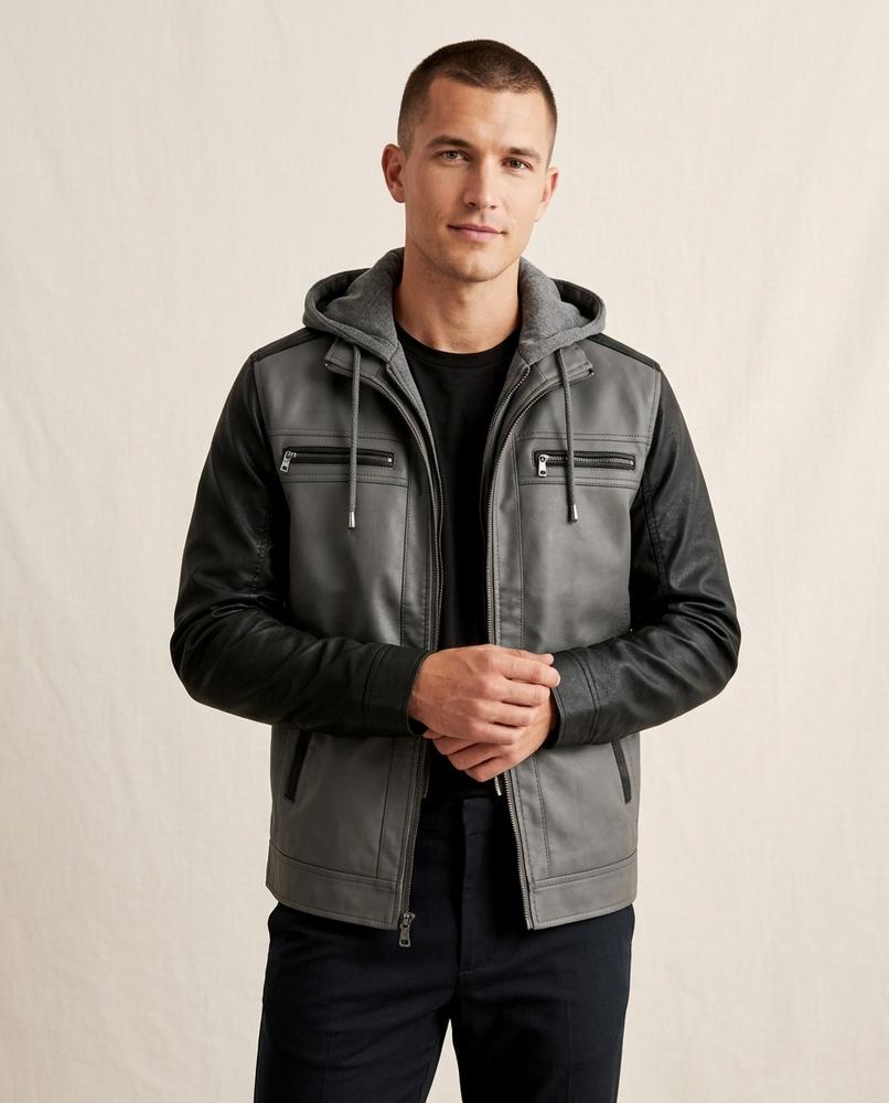 Lands Fashion - Lamir | Hooded Two-Tone Leather Jacket Men