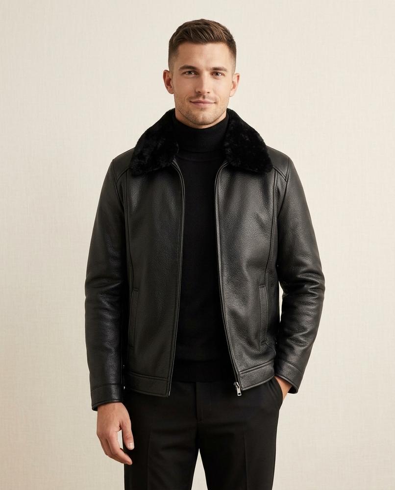 Lands Fashion - Raran | Grained Shearling-Collar Leather Jacket Men