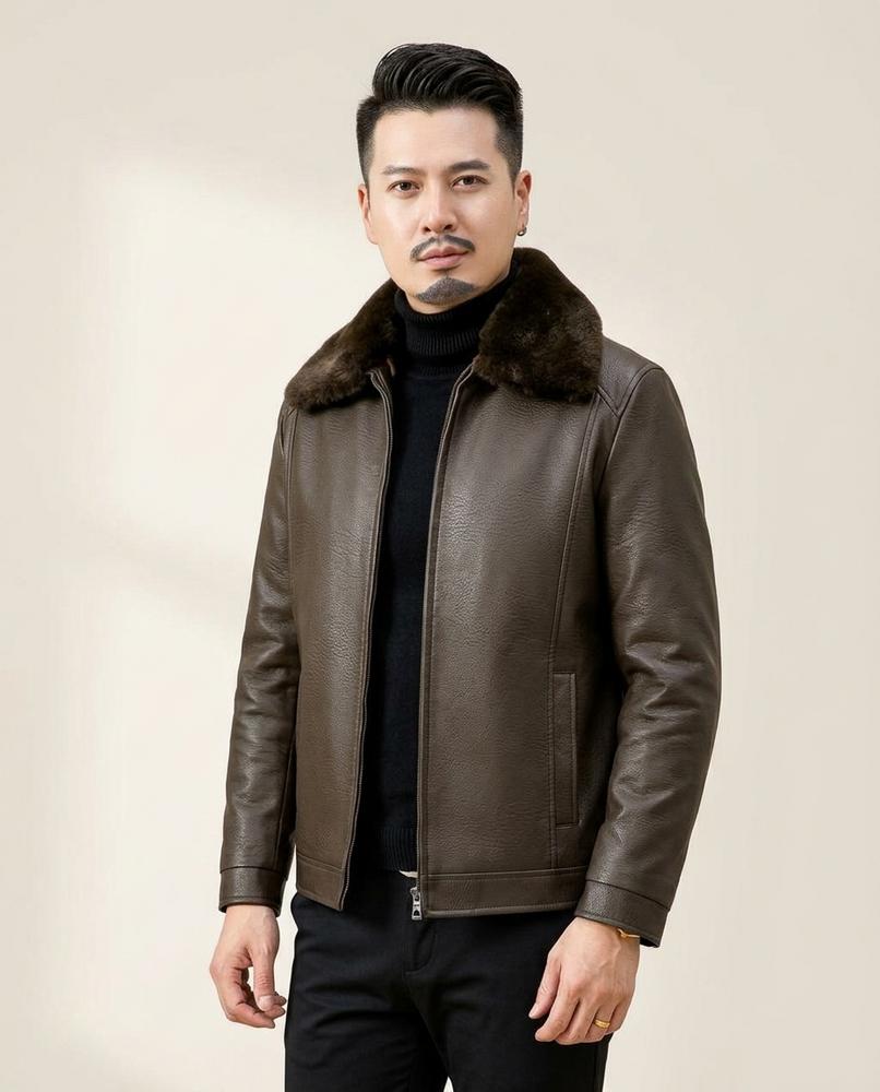Lands Fashion - Raran | Grained Shearling-Collar Leather Jacket Men