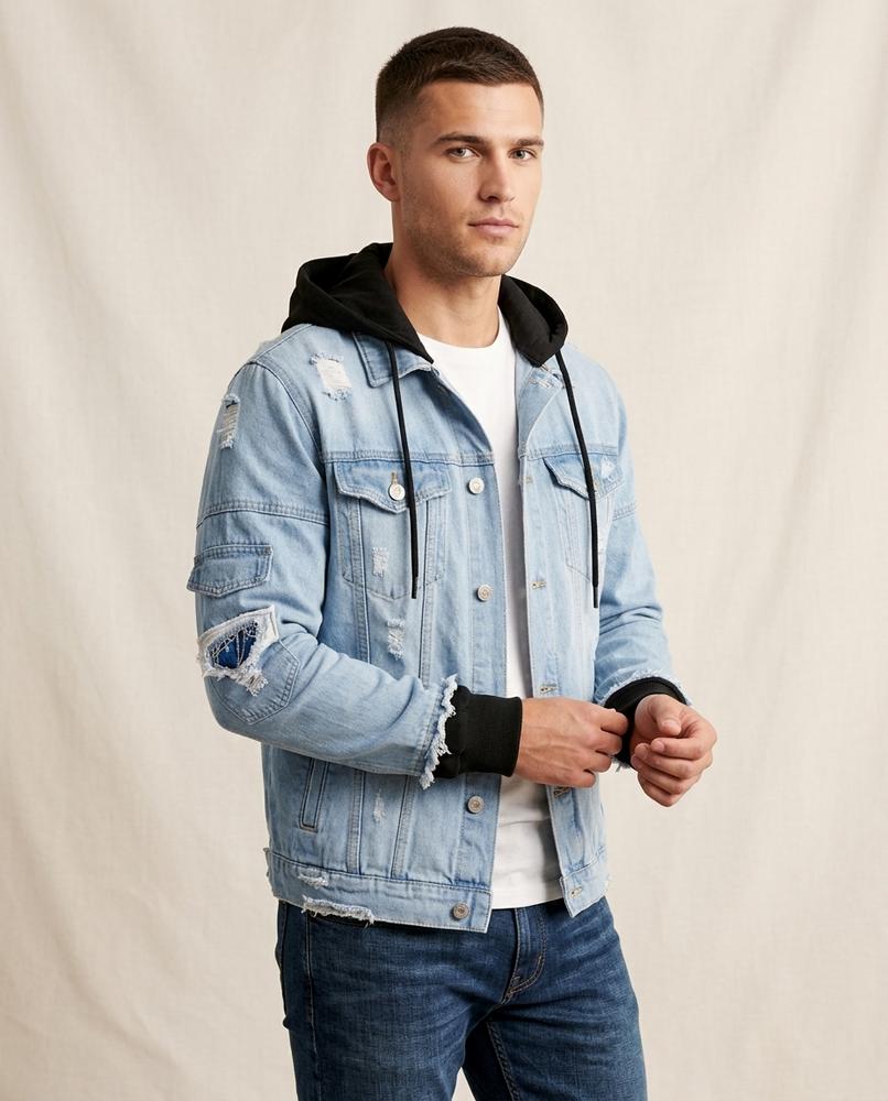 Lands Fashion - Ketir | Hooded Distressed Denim Jacket Men