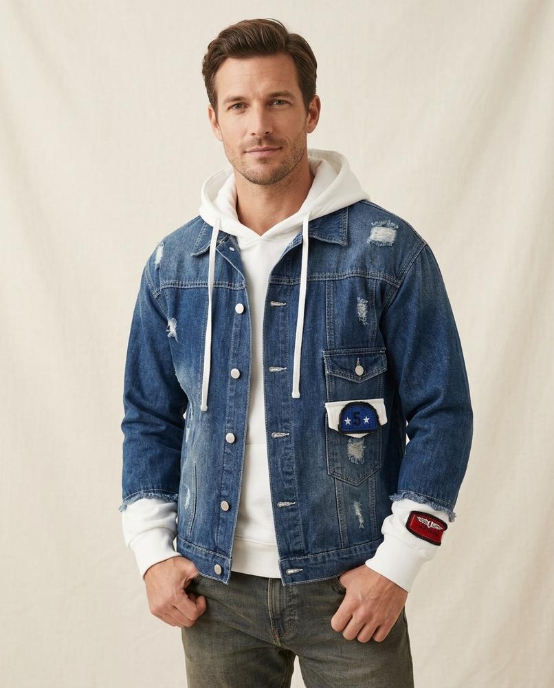 Lands Fashion - Ketir | Hooded Distressed Denim Jacket Men