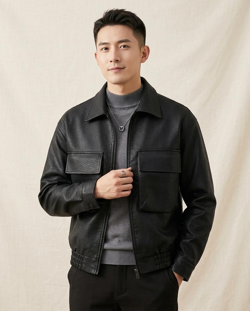 Lands Fashion - Nimor | Grained Zip-Up Leather Jacket Men