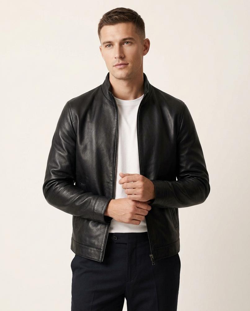 Lands Fashion - Arsan | Zip-Up Stand-Up Collar Leather Jacket Men